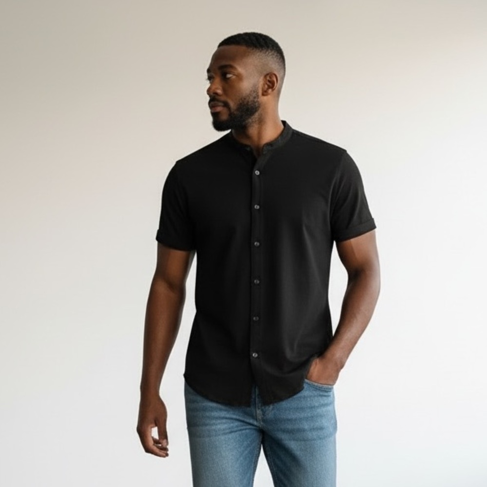ZARA MAN Slim Fit Madarin Collar Short Sleeve Button Up Size Medium - Picture 2 of 10